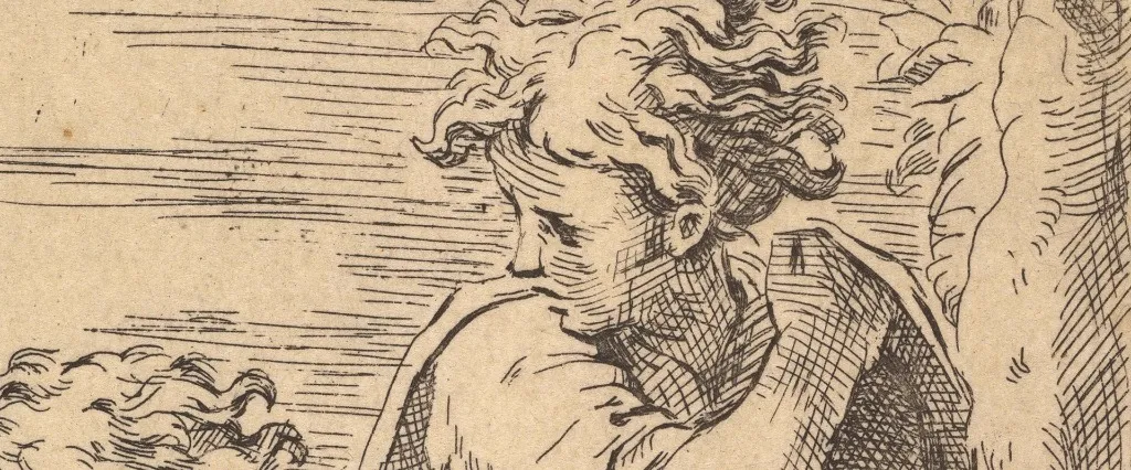 Classical etching detail — figure against wind-swept sea