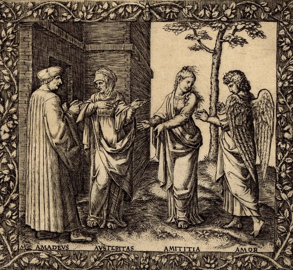 Renaissance woodcut print with ornate botanical border — Amadeus, Austeritas, Amititia, Amor